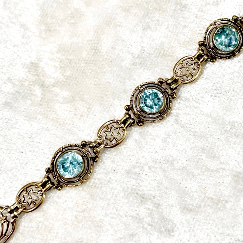 Vintage Art Deco 10K Solid Gold Natural Blue Zircon 5cts Fancy Link Bracelet